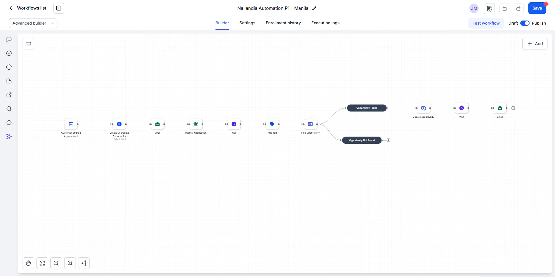 Nailandia Automation P1 booking workflow in GoHighLevel
