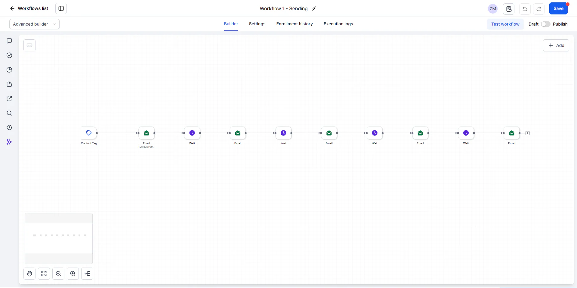 GoHighLevel Workflow 1 - Sending: contact tag and five emails
