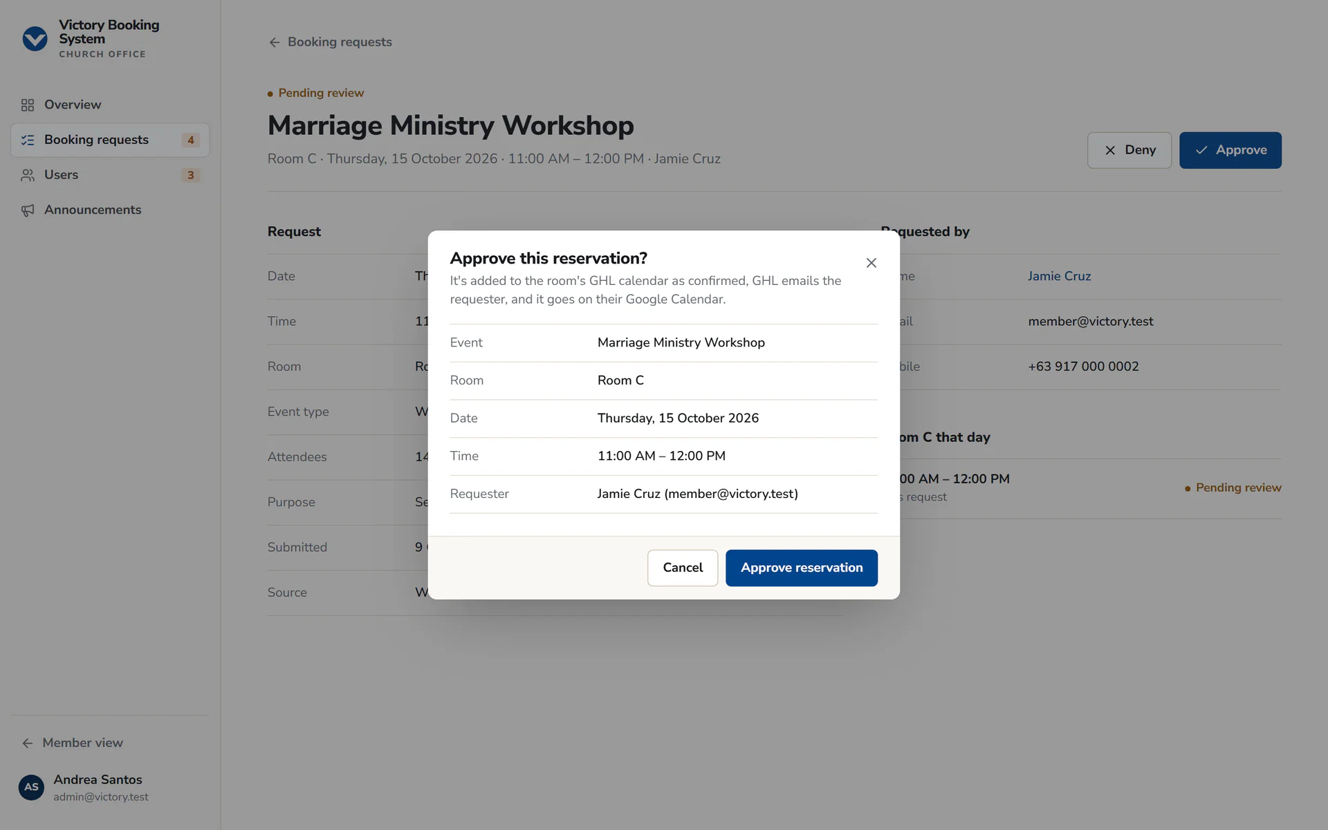 Approve this reservation dialog: added to the room's GHL calendar, GHL emails the requester, Google Calendar event