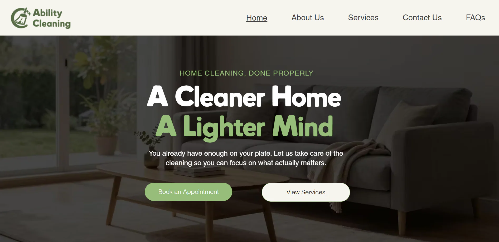 Ability Cleaning home page hero with Book an Appointment and View Services